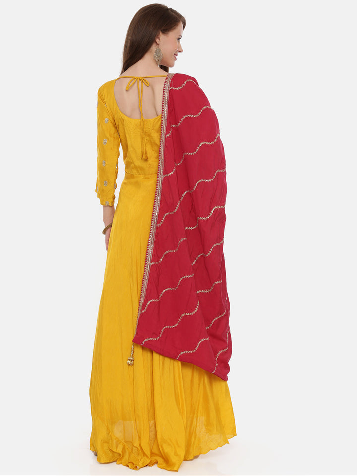 Neerus Yellow Embroidered Kurta With Churidar & Dupatta