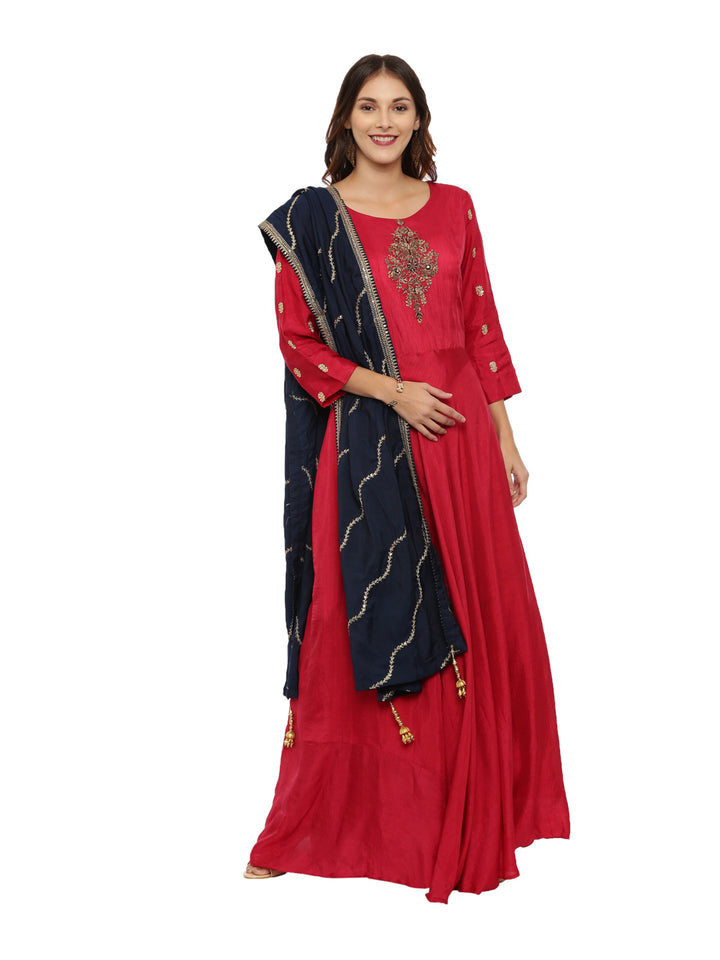 Neerus Red embroidered anarkali kurta set with churidar and dupatta - front view