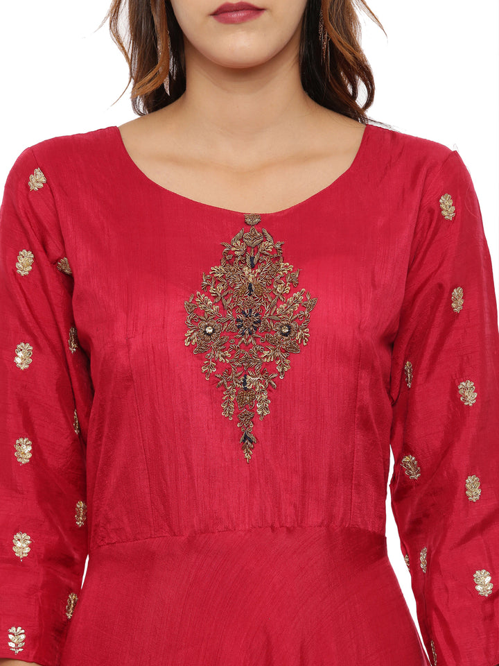Neerus Red embroidered anarkali kurta set with churidar and dupatta - back view