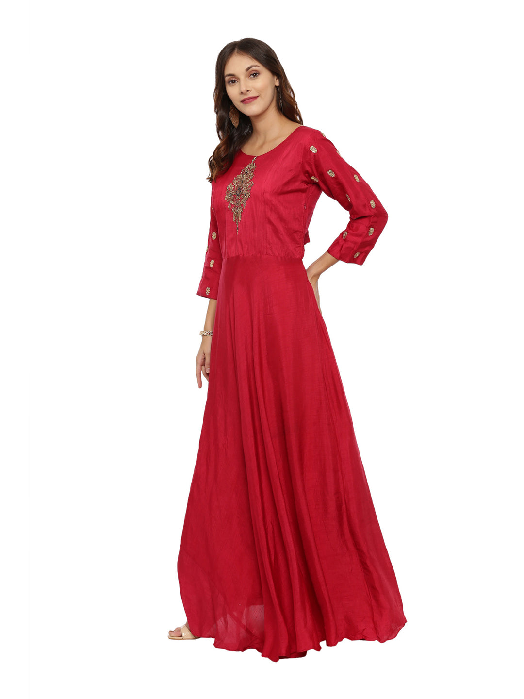 Neerus Red embroidered anarkali kurta set with churidar and dupatta - detail view 2