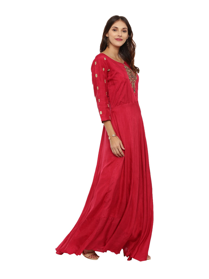 Neerus Red embroidered anarkali kurta set with churidar and dupatta - side view