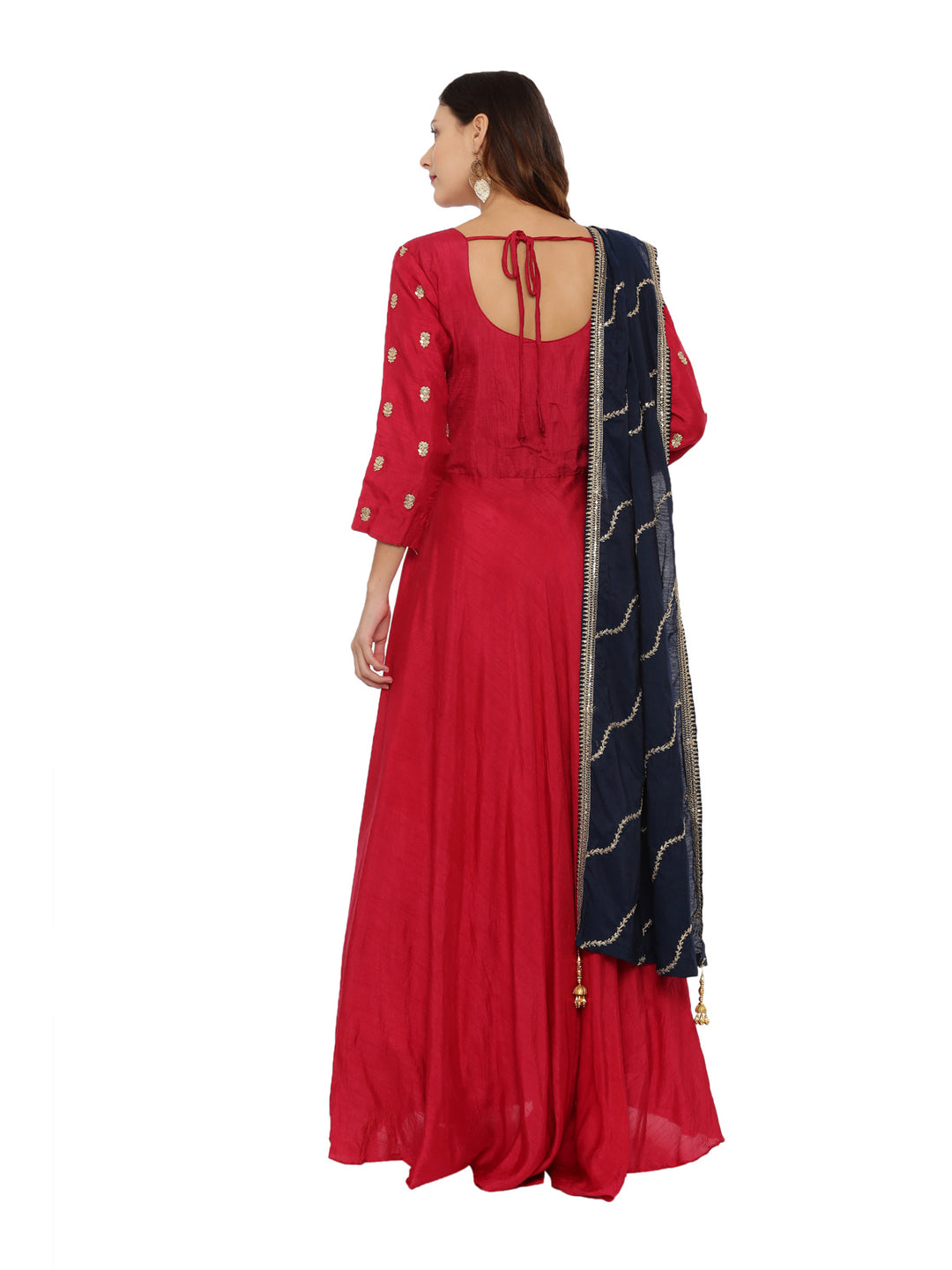Neerus Red embroidered anarkali kurta set with churidar and dupatta - detail view 1