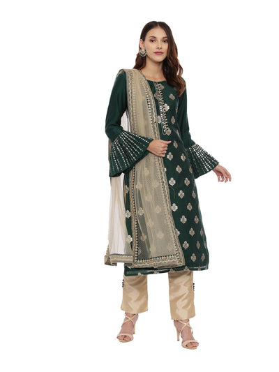 Neeru's Green & Gold Textured Kurta With Pant & Dupatta