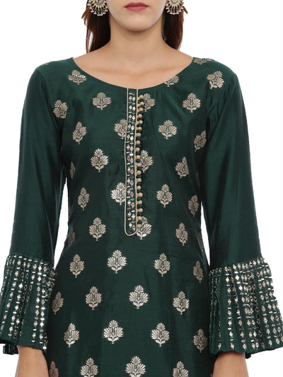 Neeru's Green & Gold Textured Kurta With Pant & Dupatta
