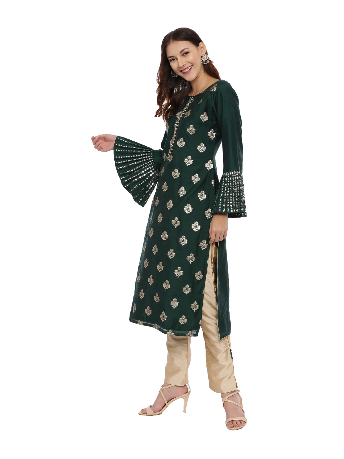 Neeru's Green & Gold Textured Kurta With Pant & Dupatta