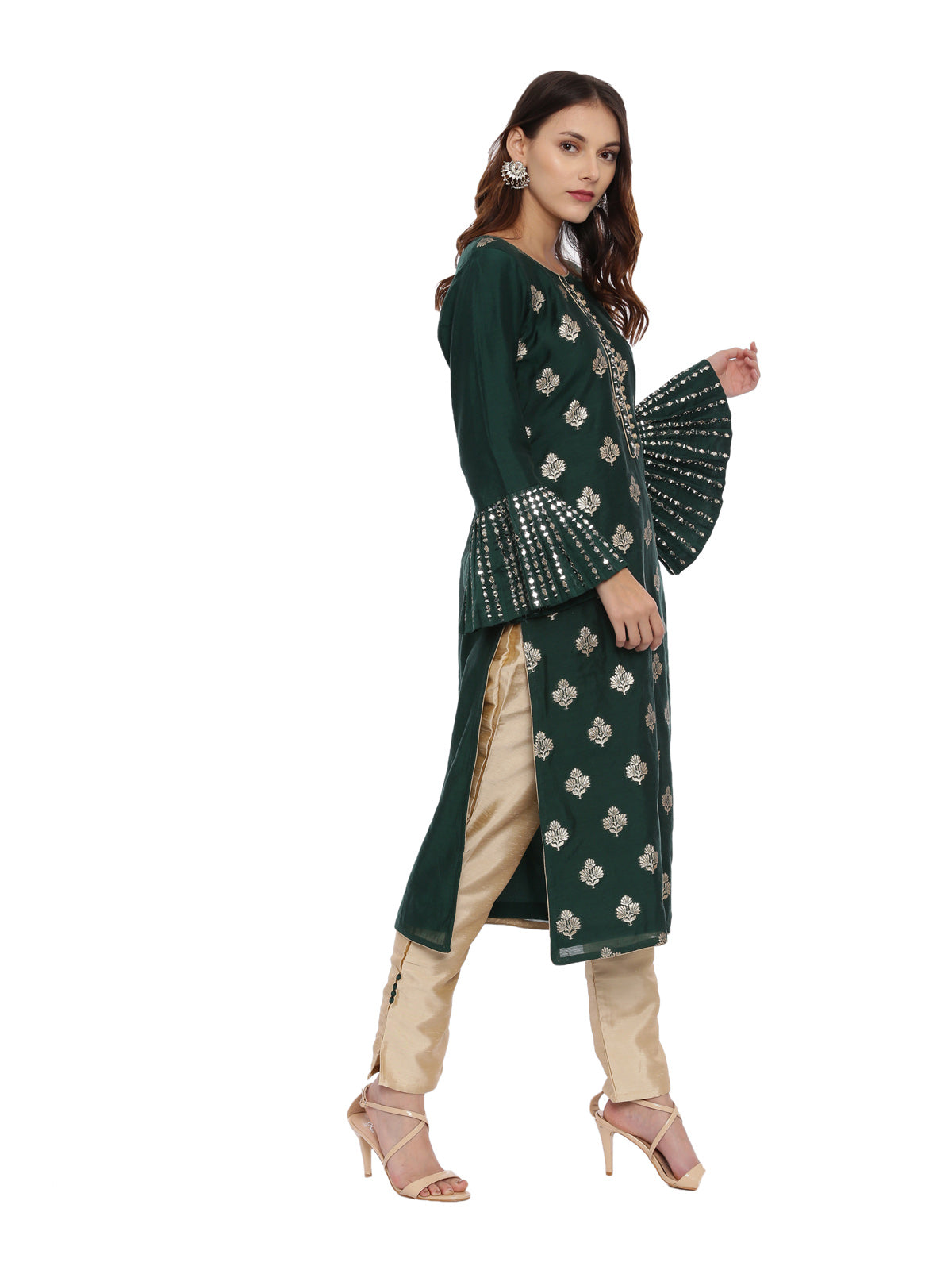 Neeru's Green & Gold Textured Kurta With Pant & Dupatta