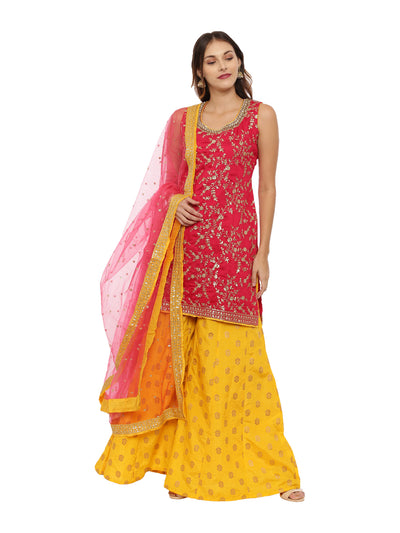 Neeru's Red & Yellow Zari Kurta With Palazzo & Dupatta