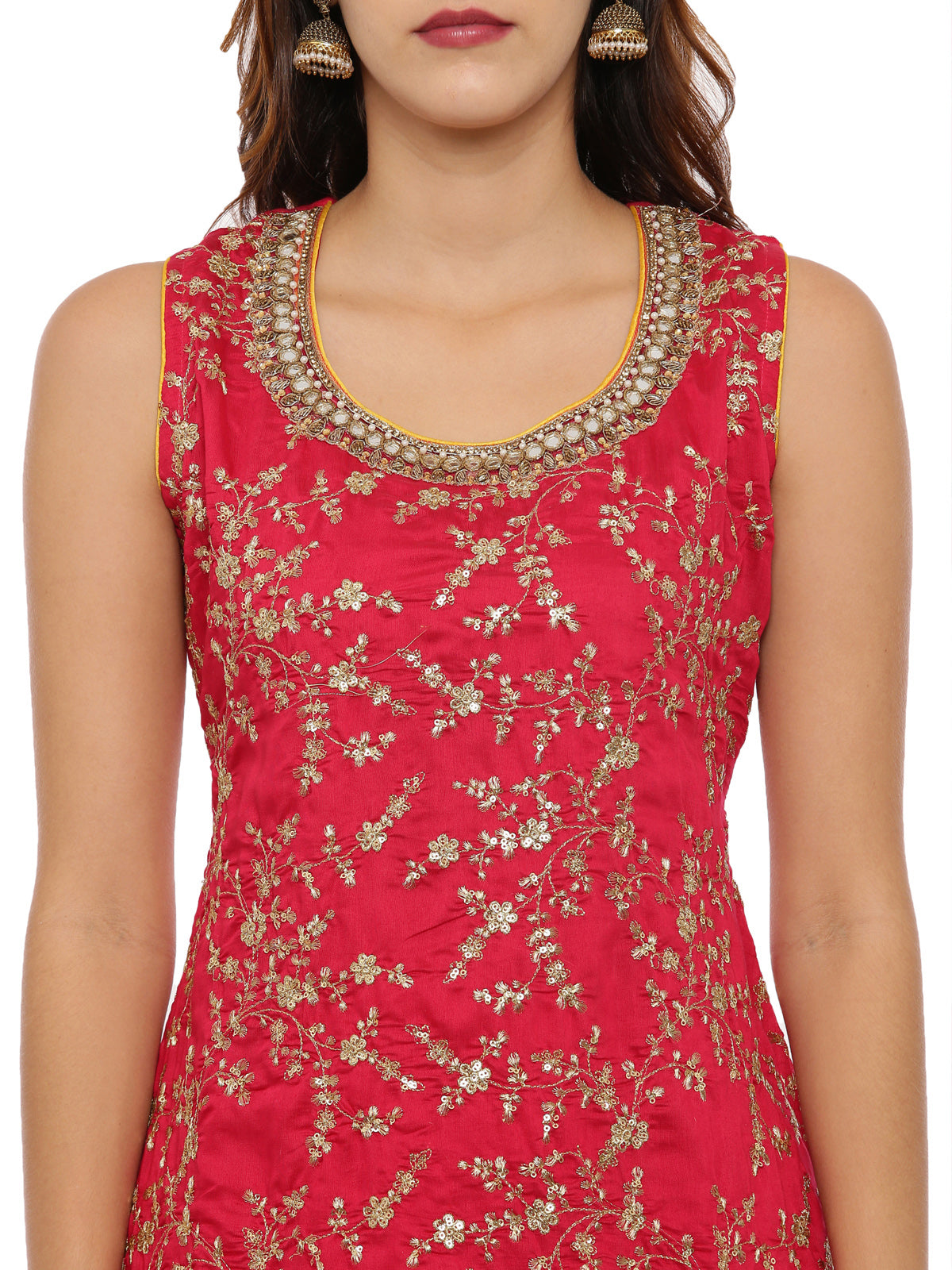 Neeru's Red & Yellow Zari Kurta With Palazzo & Dupatta