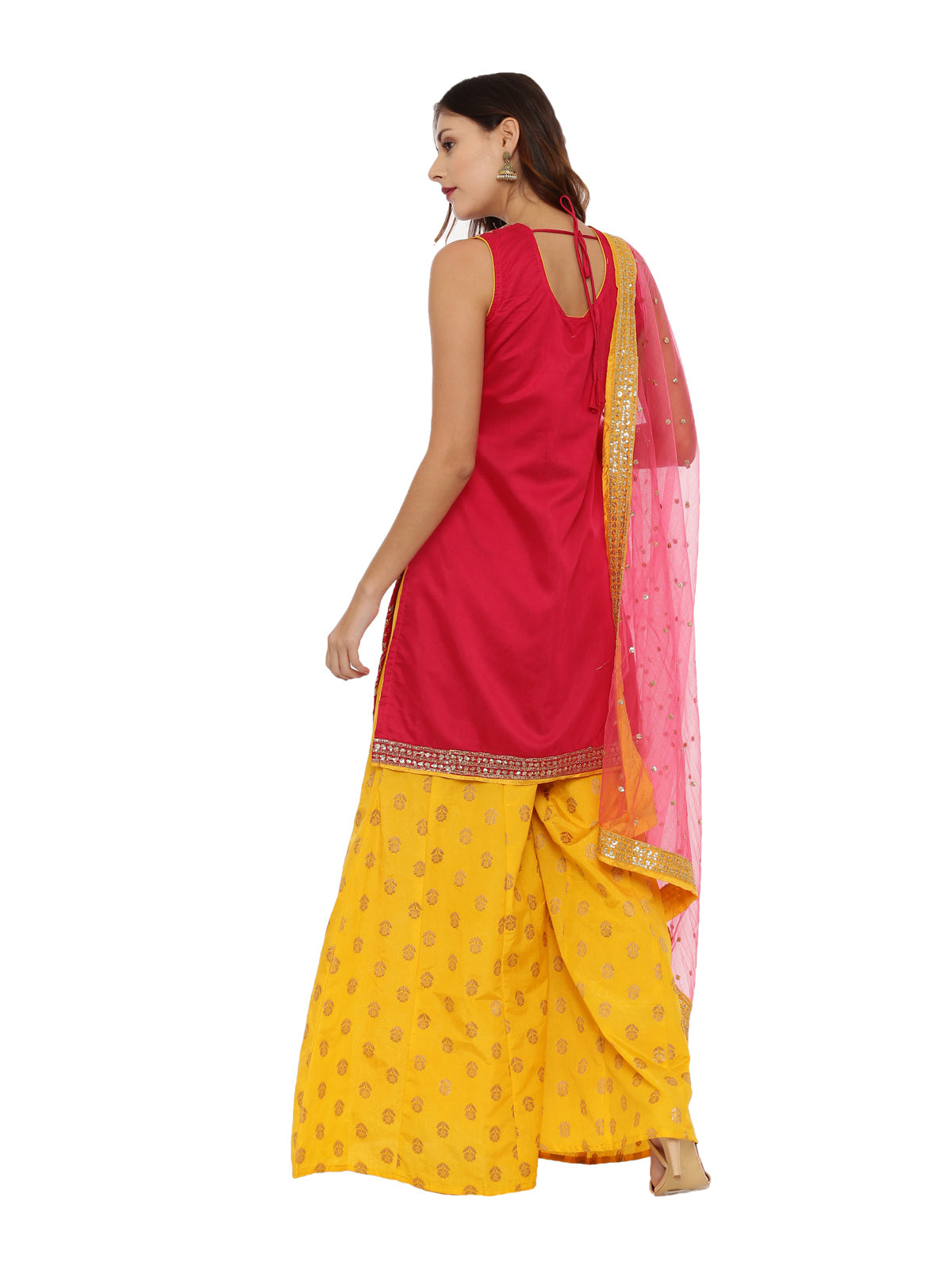 Neeru's Red & Yellow Zari Kurta With Palazzo & Dupatta