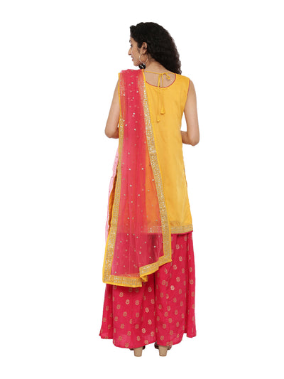 Neeru's Yellow & Pink Embellished Kurta With Palazzo & Dupatta