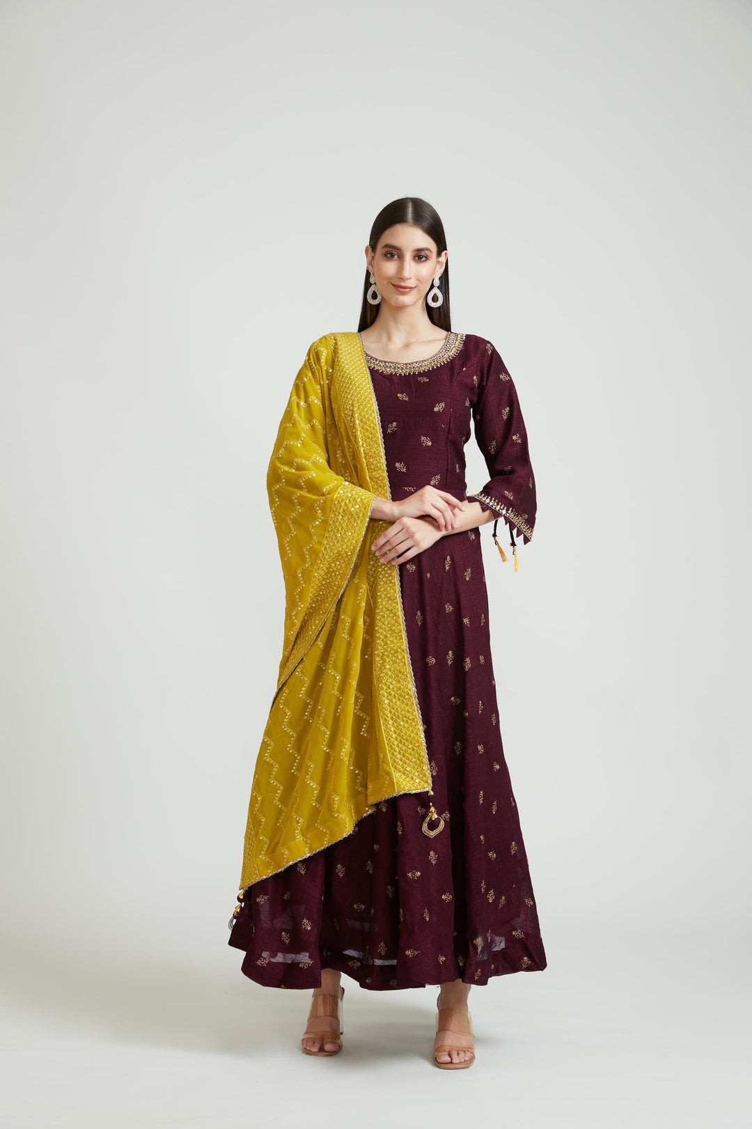 Neerus Wine Color Silk Fabric Anarkali Suit Set