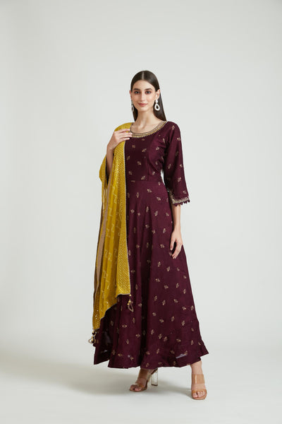 Neerus Wine Color Silk Fabric Anarkali Suit Set
