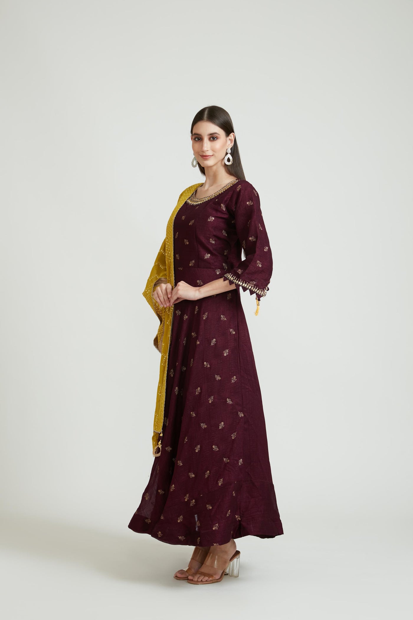 Neerus Wine Color Silk Fabric Anarkali Suit Set