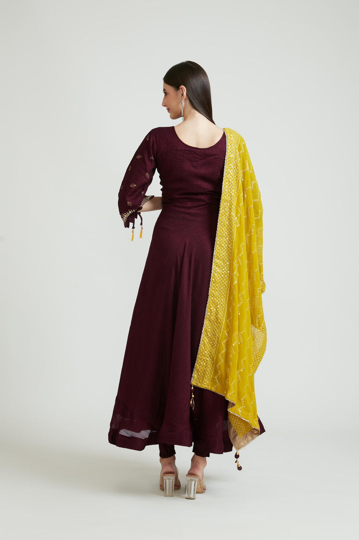 Neerus Wine Color Silk Fabric Anarkali Suit Set