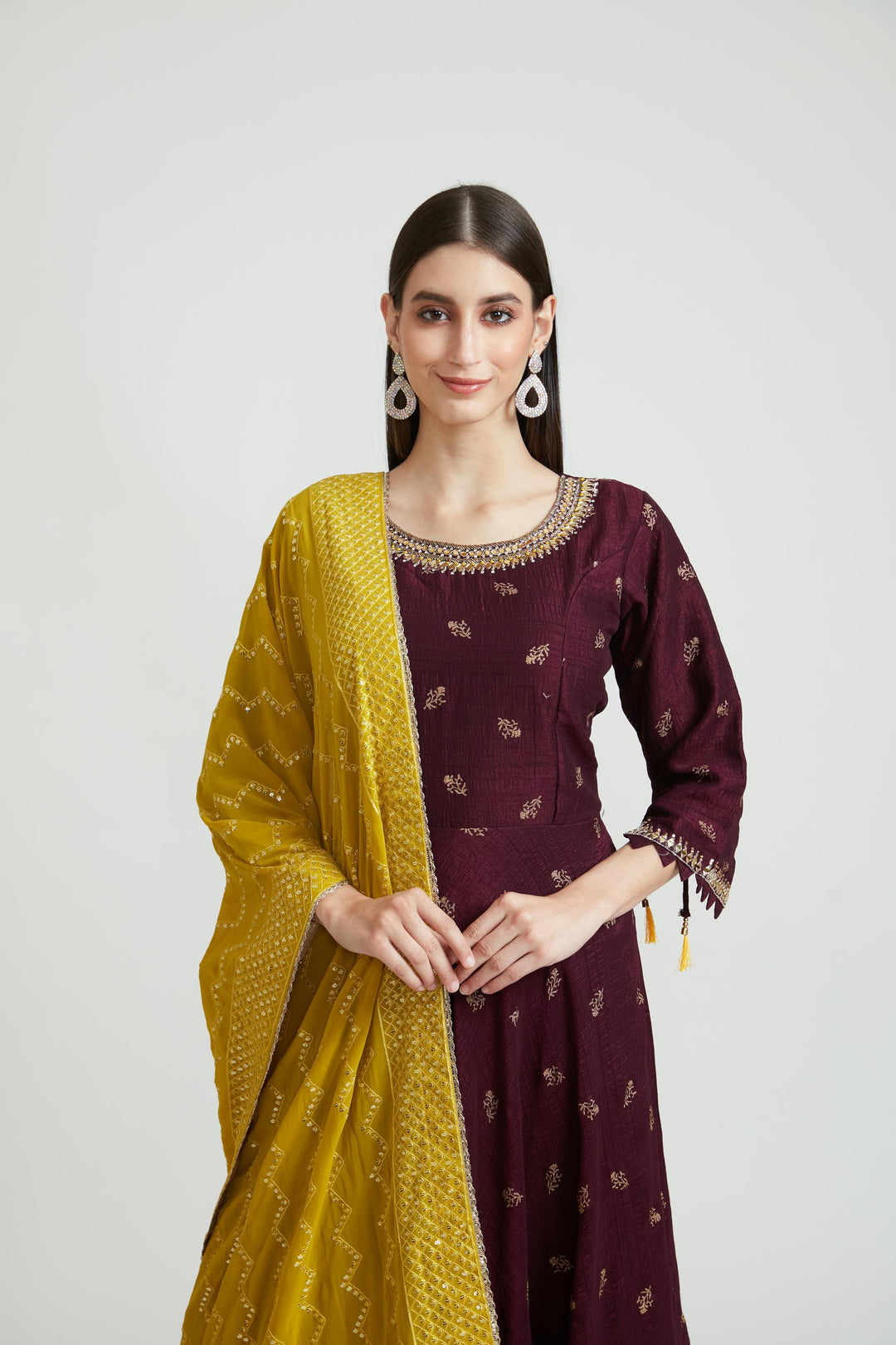 Neerus Wine Color Silk Fabric Anarkali Suit Set