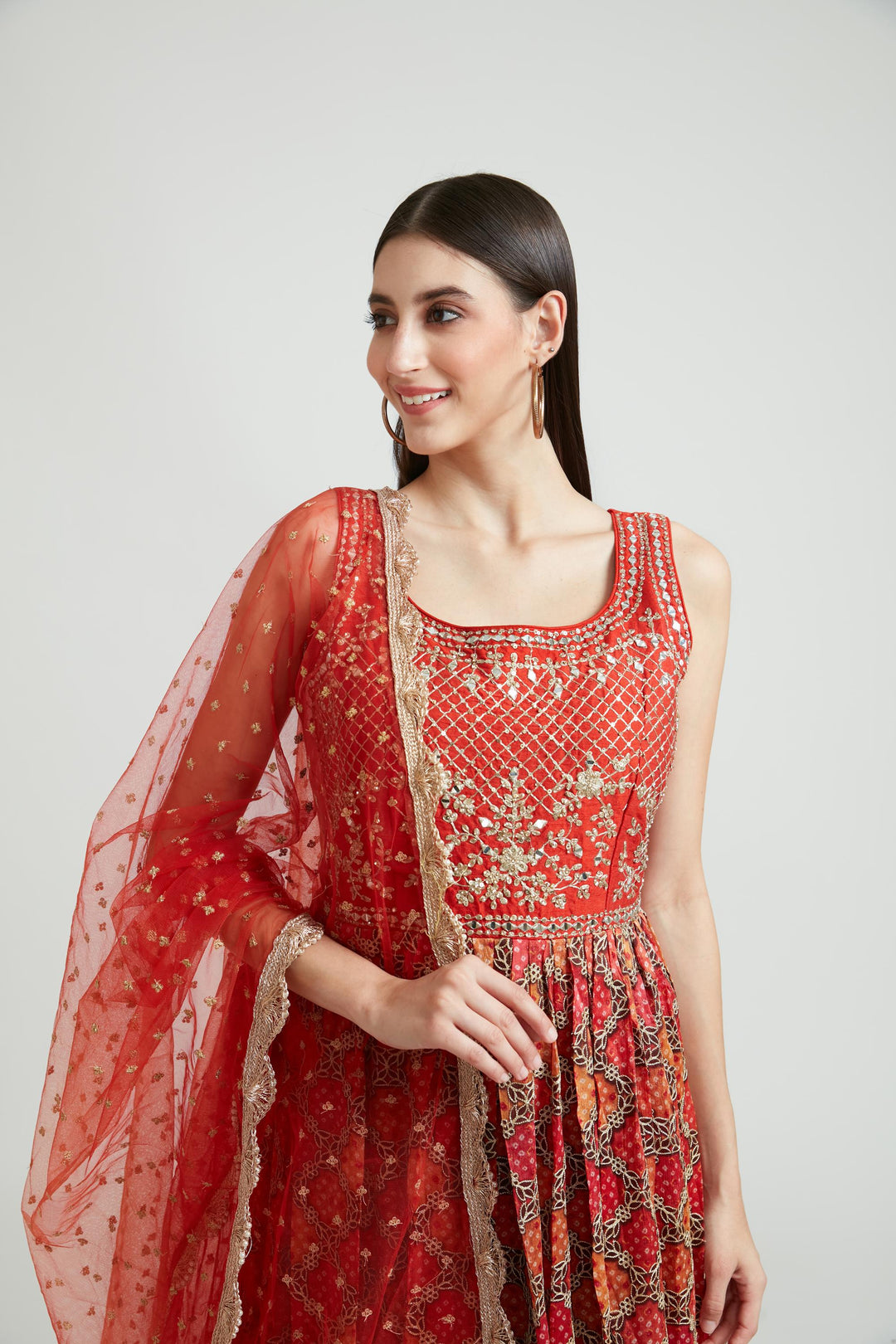 Neerus Red Color Georgette Fabric Anarkali Suit Set