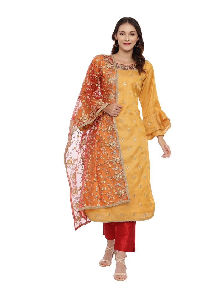 Neerus Red & Yellow Zari Kurta With Pant & Dupatta