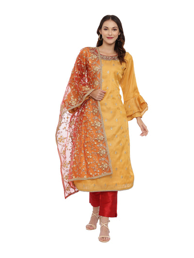 Neeru's Red & Yellow Zari Kurta With Pant & Dupatta
