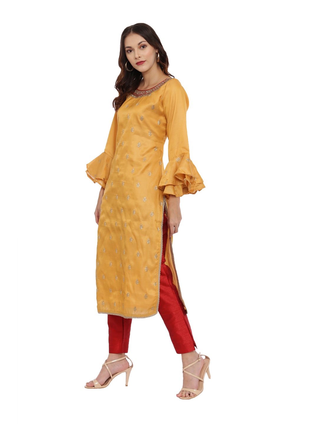 Neerus Red & Yellow Zari Kurta With Pant & Dupatta