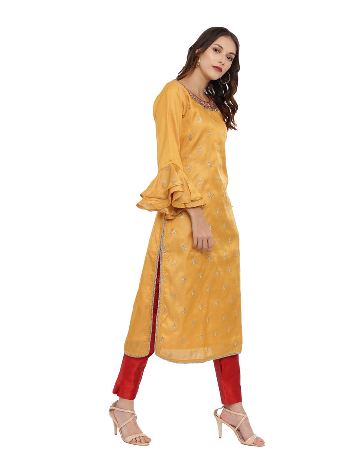 Neerus Red & Yellow Zari Kurta With Pant & Dupatta