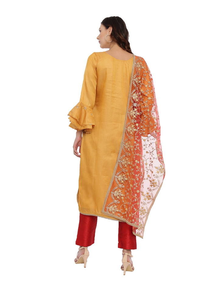 Neerus Red & Yellow Zari Kurta With Pant & Dupatta
