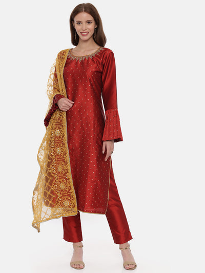 Neeru's Red Textured Kurta With Pant & Dupatta