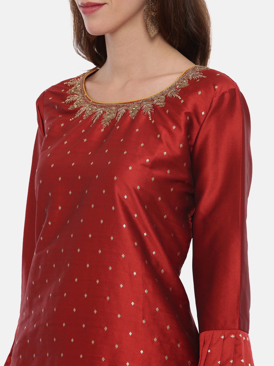Neeru's Red Textured Kurta With Pant & Dupatta