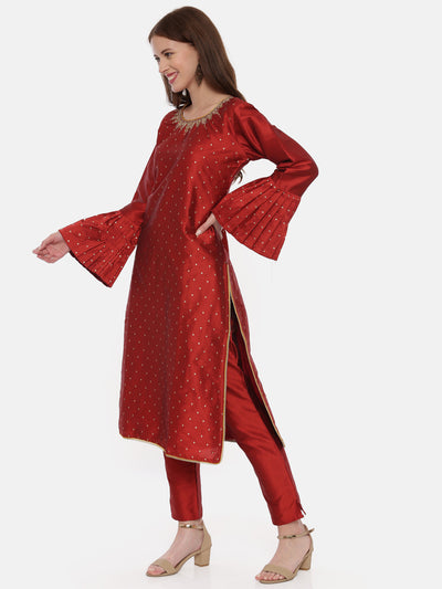 Neeru's Red Textured Kurta With Pant & Dupatta