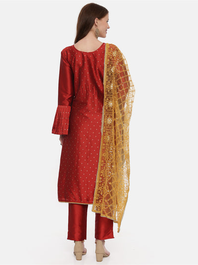 Neeru's Red Textured Kurta With Pant & Dupatta