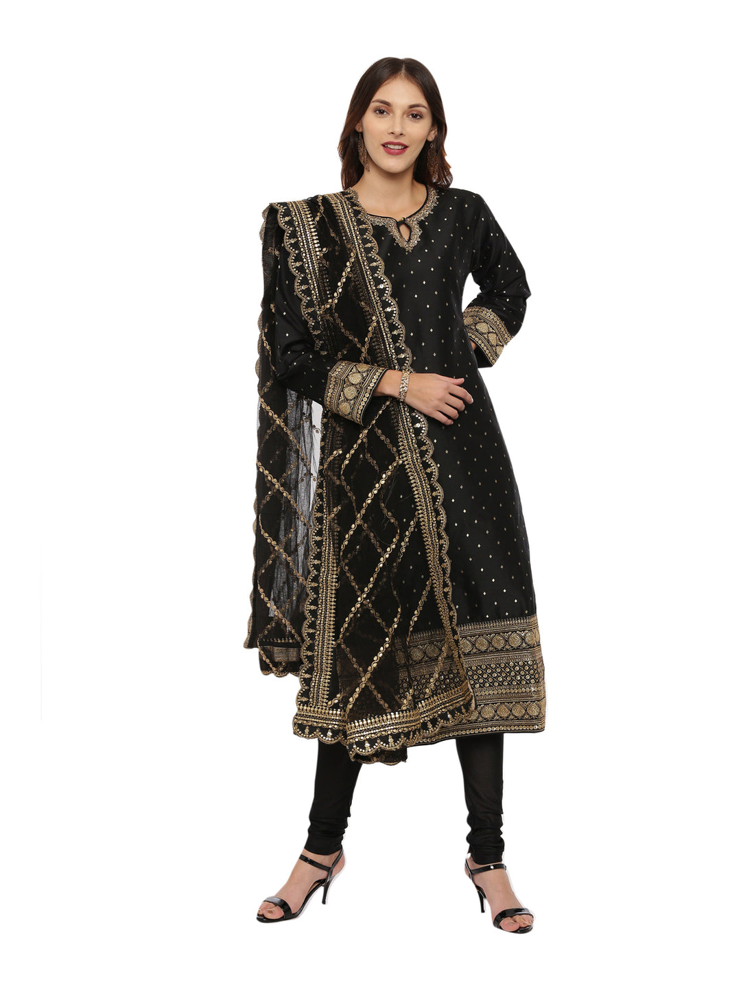 Neerus Black cotton woven kurta set - front view