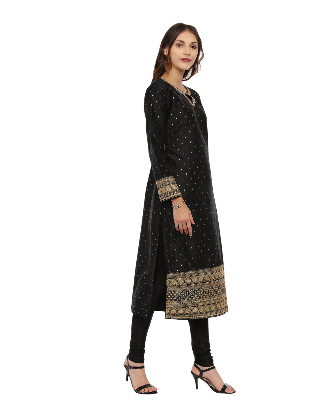 Neerus Black cotton woven kurta set - side view