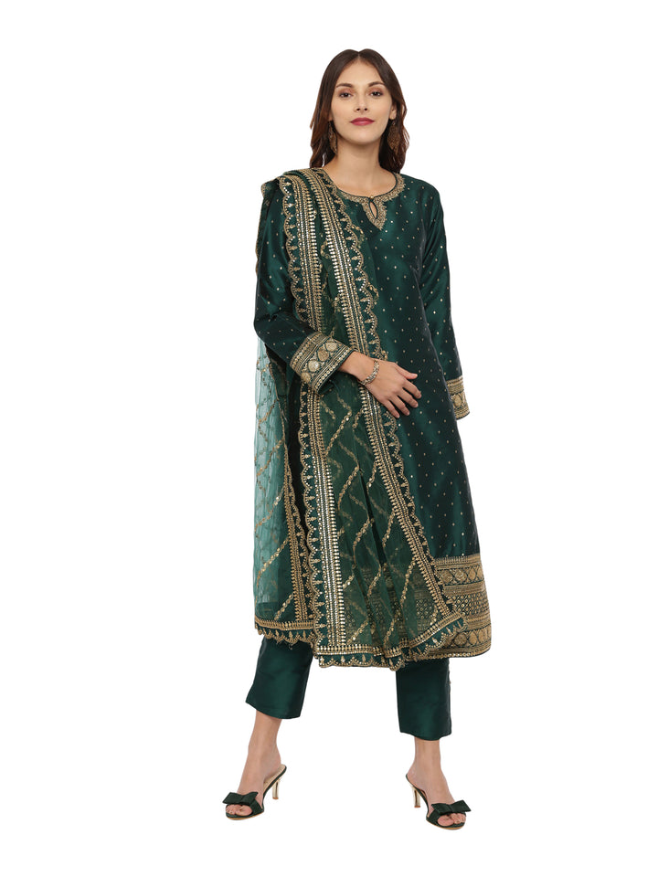 Neerus Green cotton woven kurta set - front view