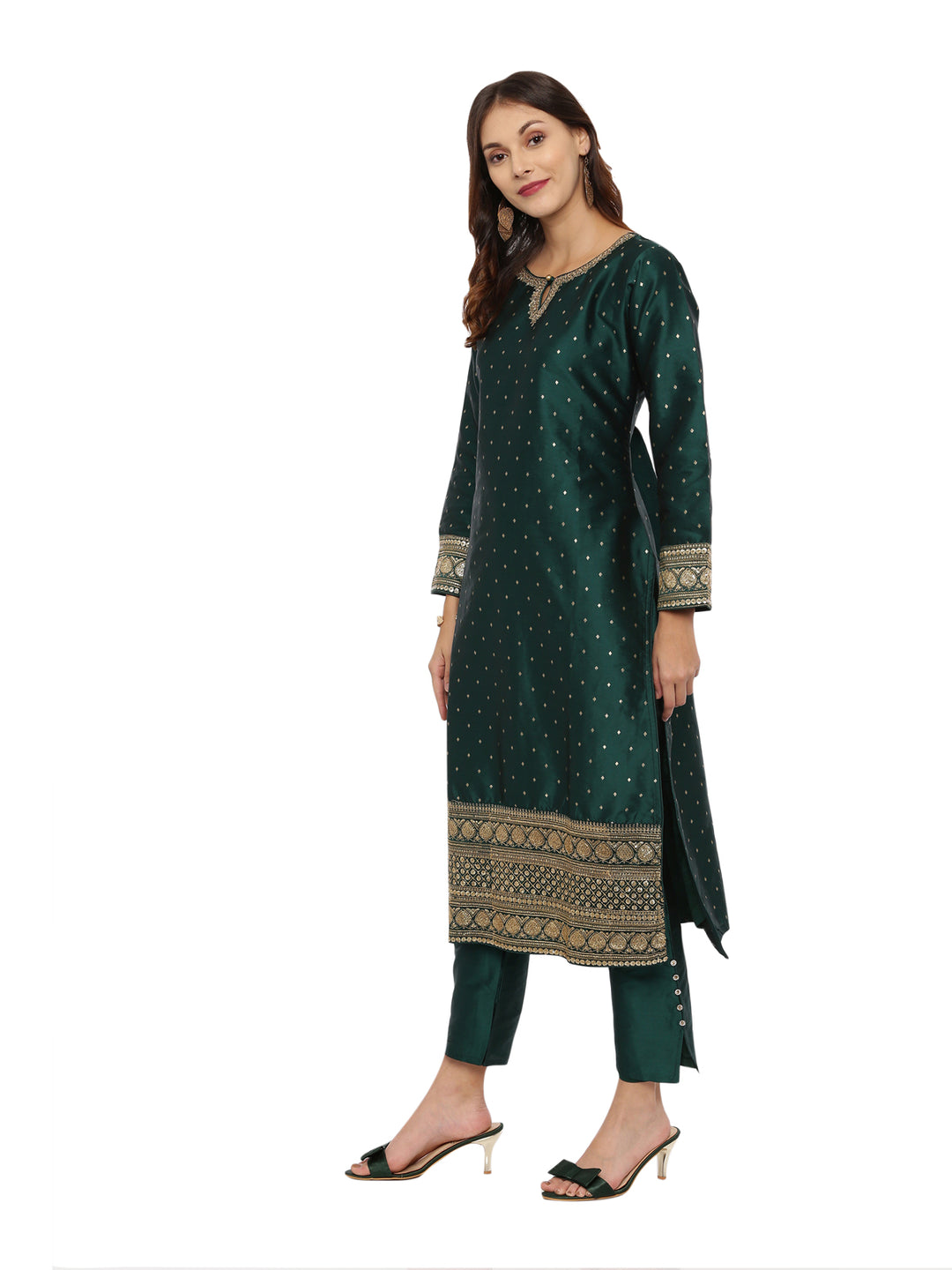 Neerus Green cotton woven kurta set - detail view 2