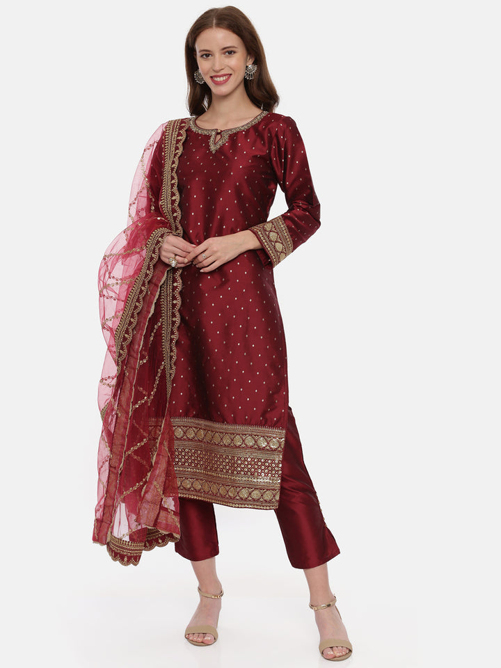 Neerus Maroon cotton woven kurta set - front view