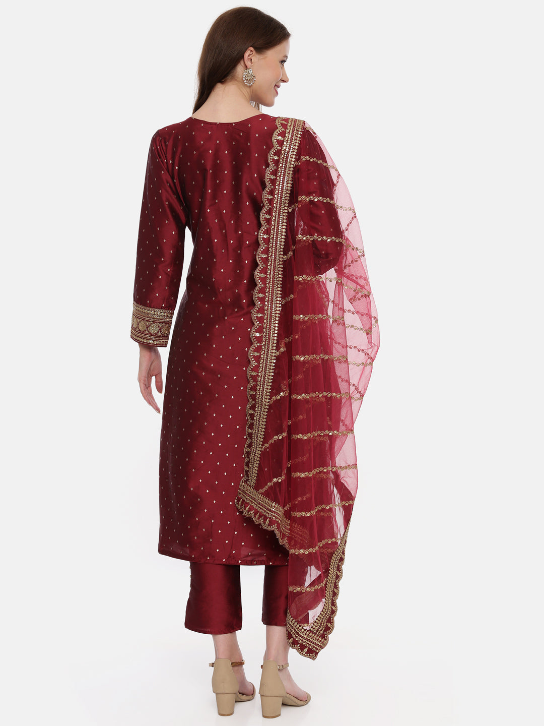 Neerus Maroon cotton woven kurta set - side view