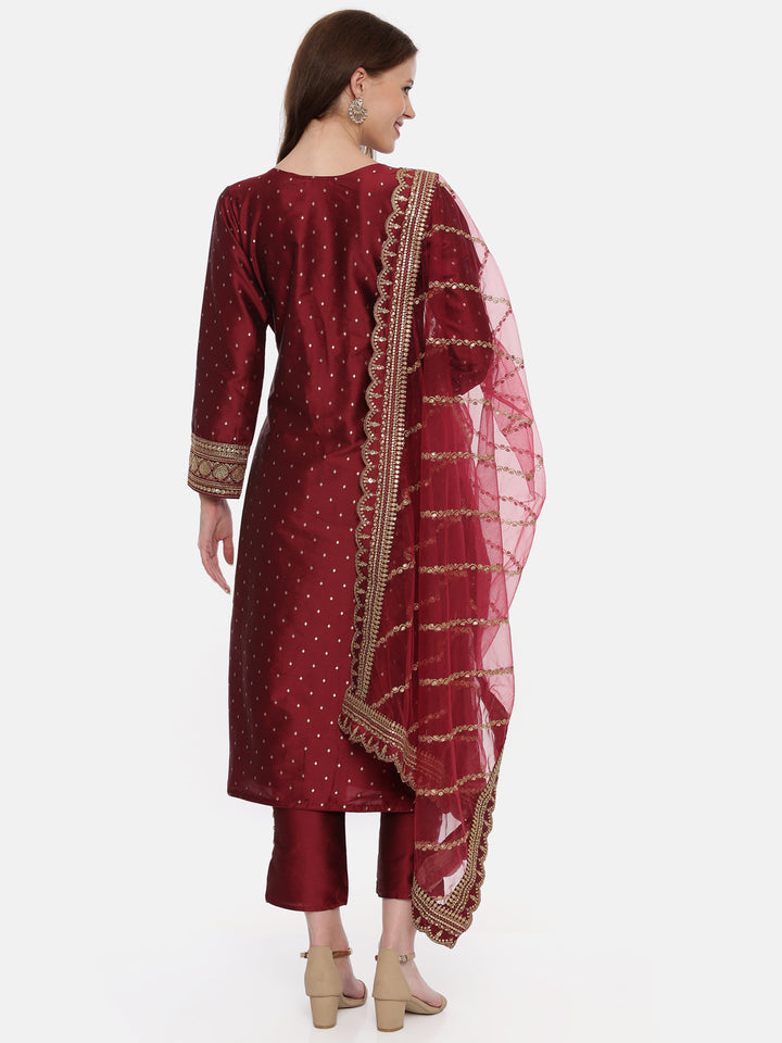Neerus Maroon cotton woven kurta set - side view