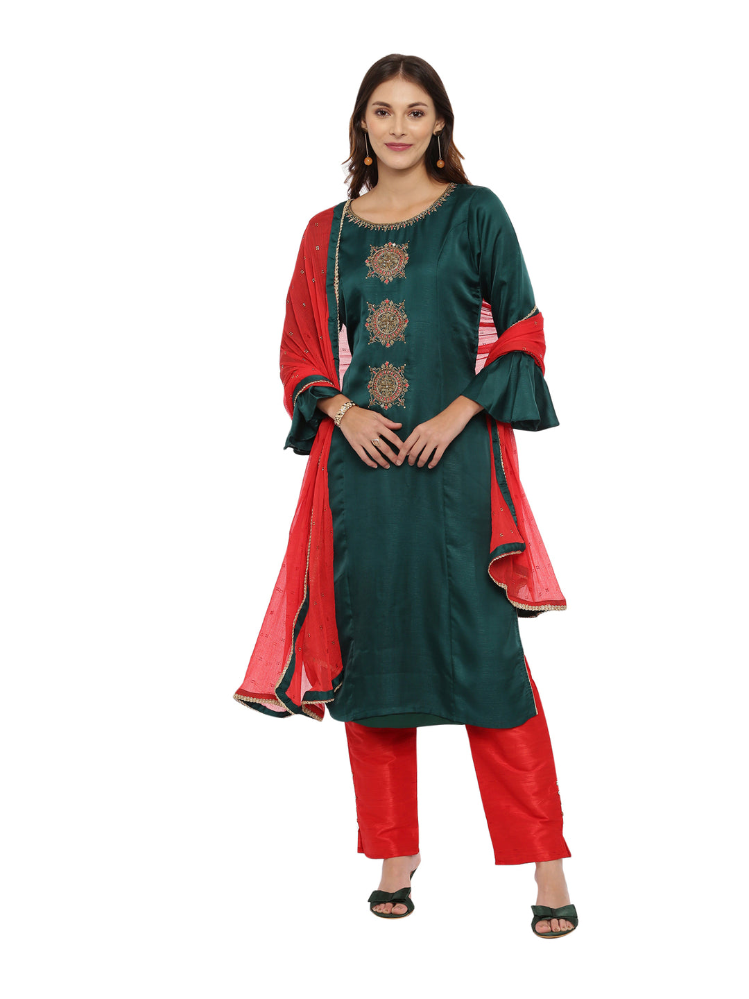 Neerus Green & Red Embellished Kurta With Palazzo & Dupatta