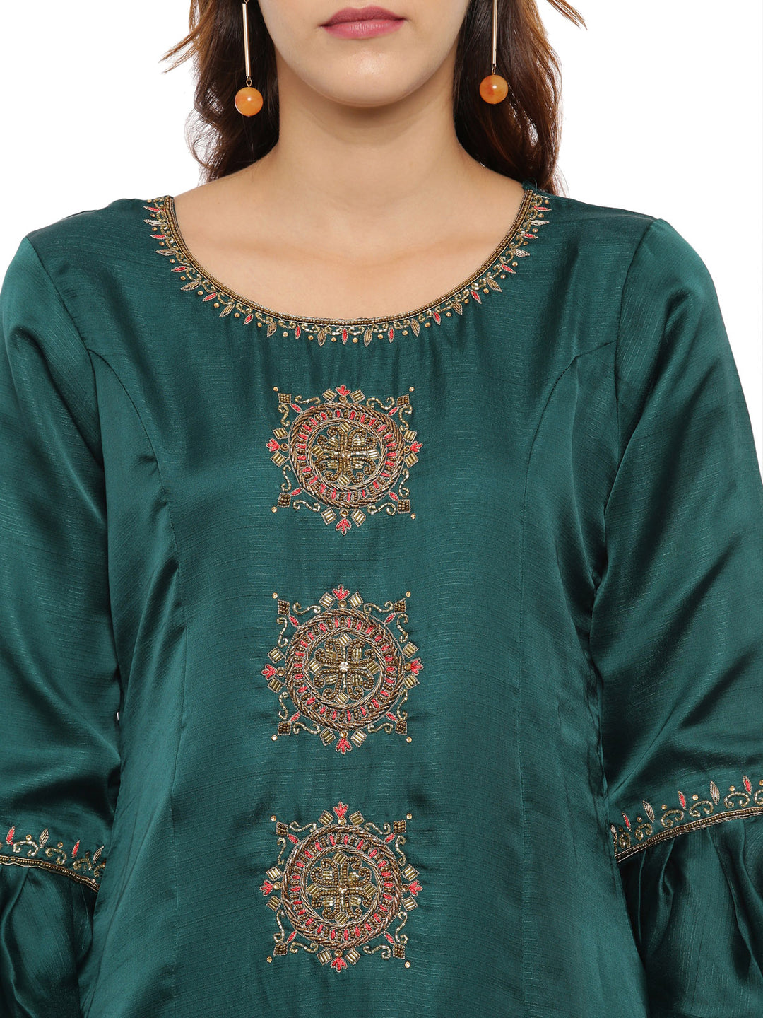 Neerus Green & Red Embellished Kurta With Palazzo & Dupatta