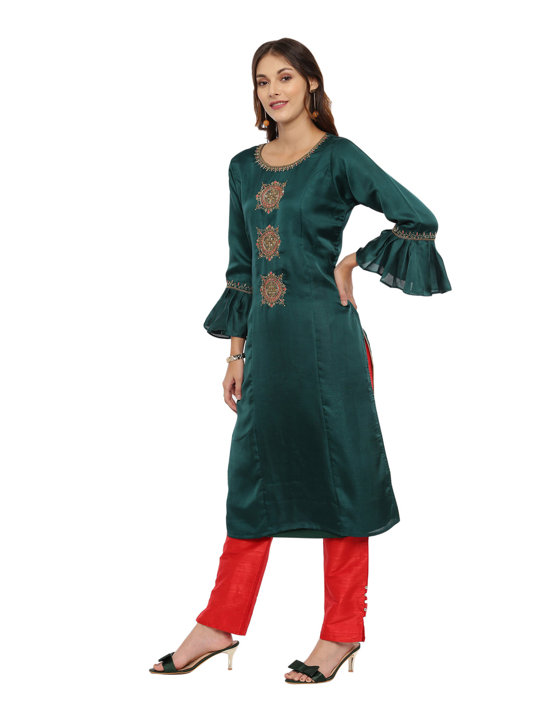 Neerus Green & Red Embellished Kurta With Palazzo & Dupatta