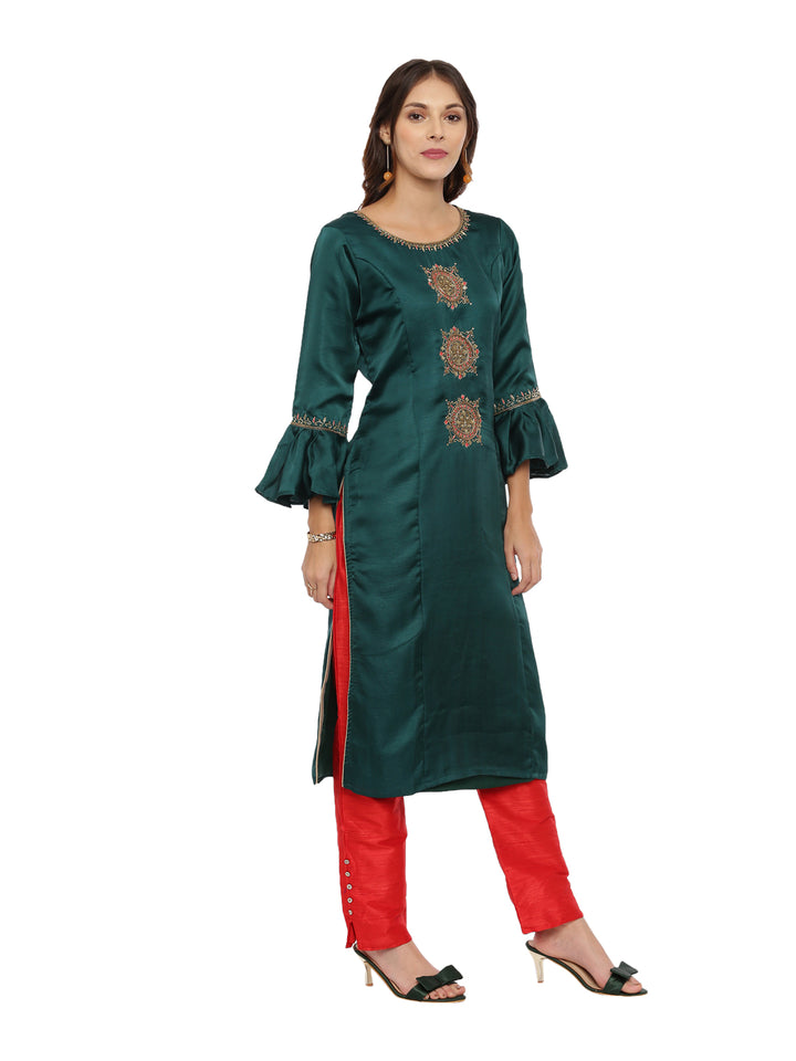 Neerus Green & Red Embellished Kurta With Palazzo & Dupatta