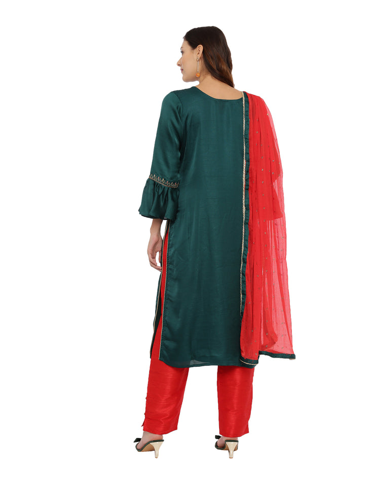 Neerus Green & Red Embellished Kurta With Palazzo & Dupatta