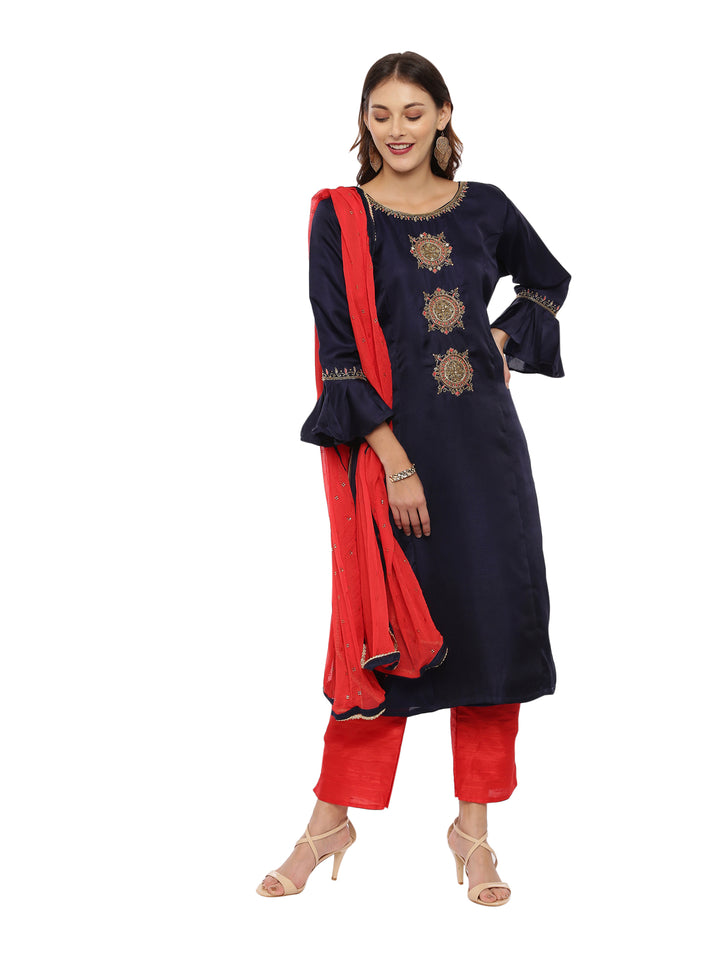 Neerus Blue & Red Embellished Kurta With Palazzo & Dupatta