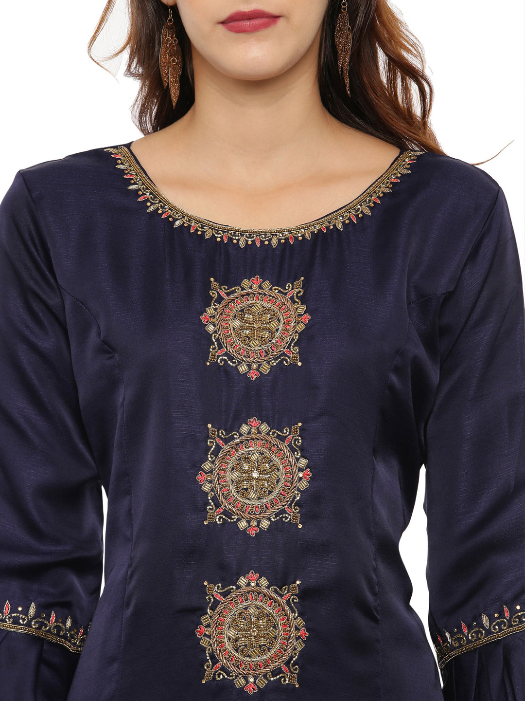 Neerus Blue & Red Embellished Kurta With Palazzo & Dupatta