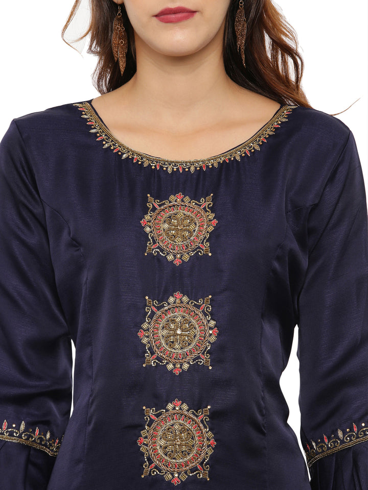 Neerus Blue & Red Embellished Kurta With Palazzo & Dupatta