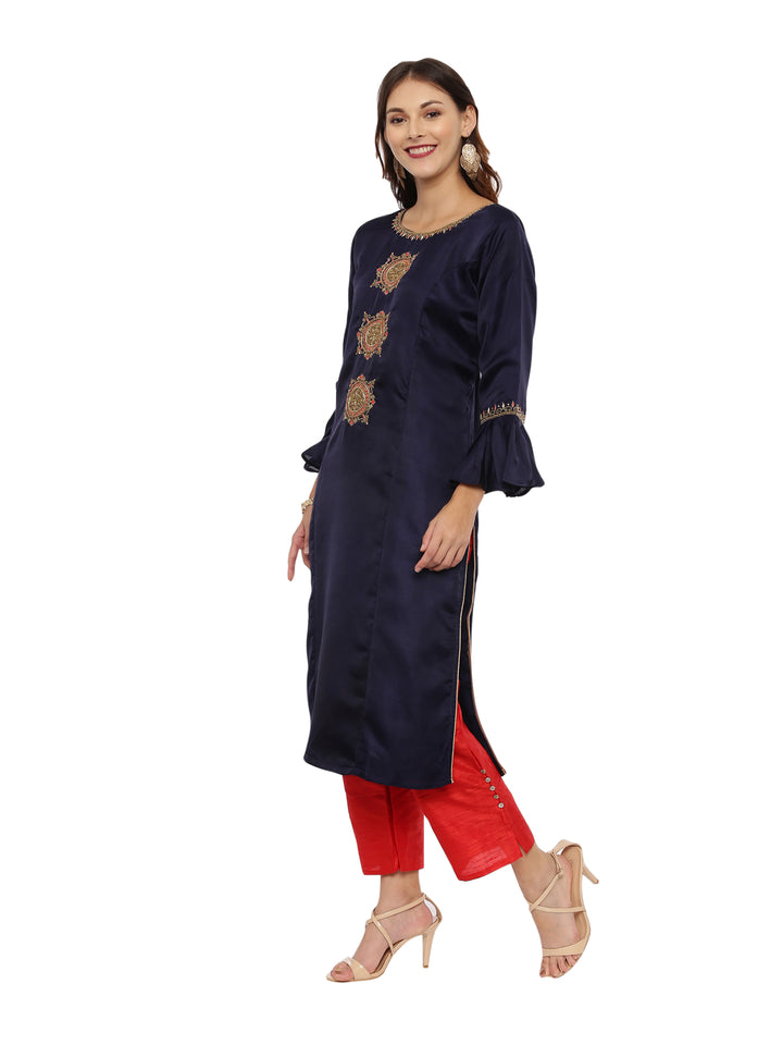 Neerus Blue & Red Embellished Kurta With Palazzo & Dupatta