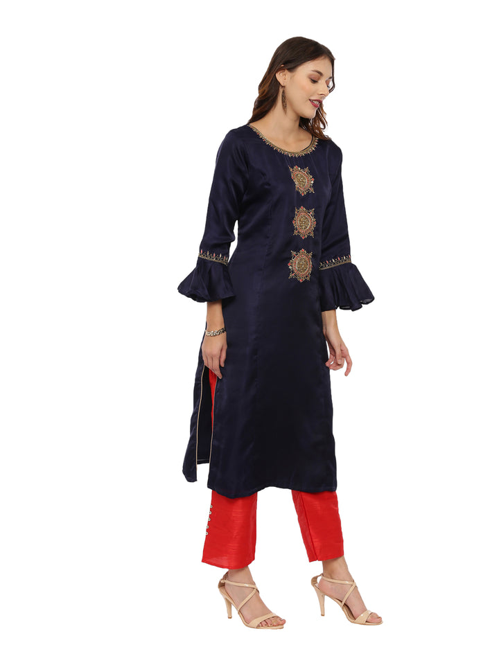 Neerus Blue & Red Embellished Kurta With Palazzo & Dupatta