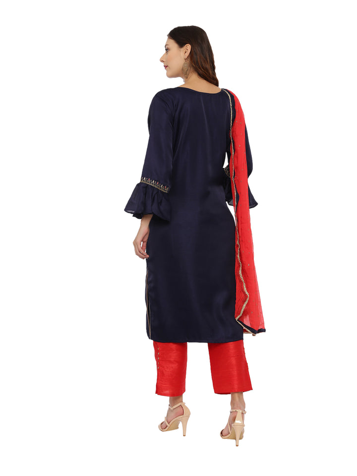 Neerus Blue & Red Embellished Kurta With Palazzo & Dupatta