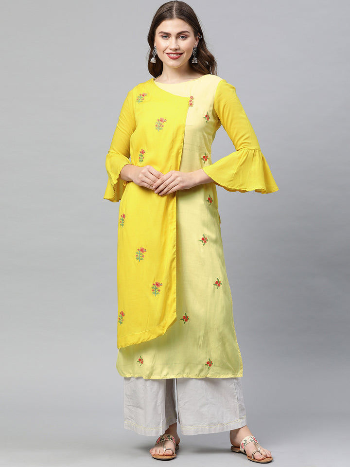 Neerus Yellow Embroidered Angrakha Kurta
