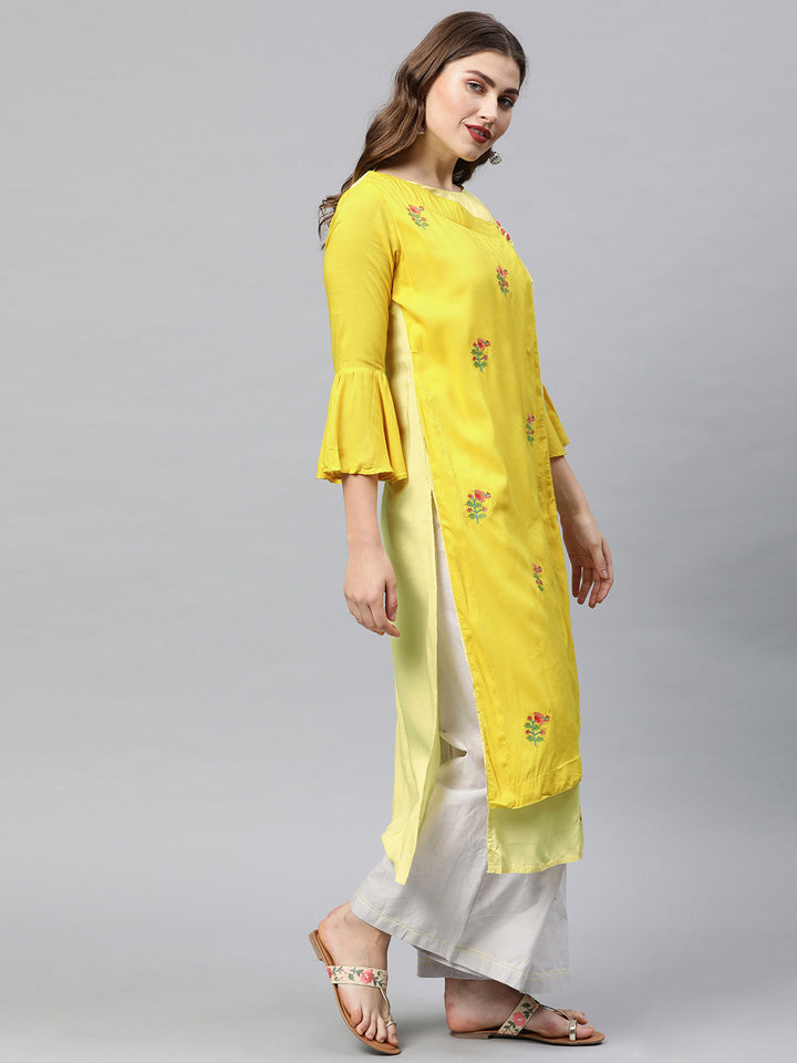 Neerus Yellow Embroidered Angrakha Kurta