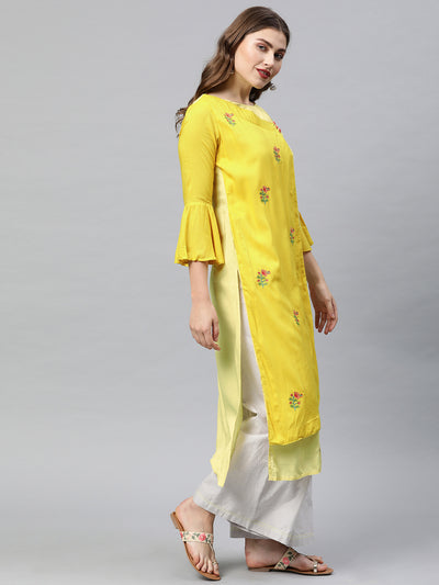 Neeru's Yellow Embroidered Angrakha Kurta